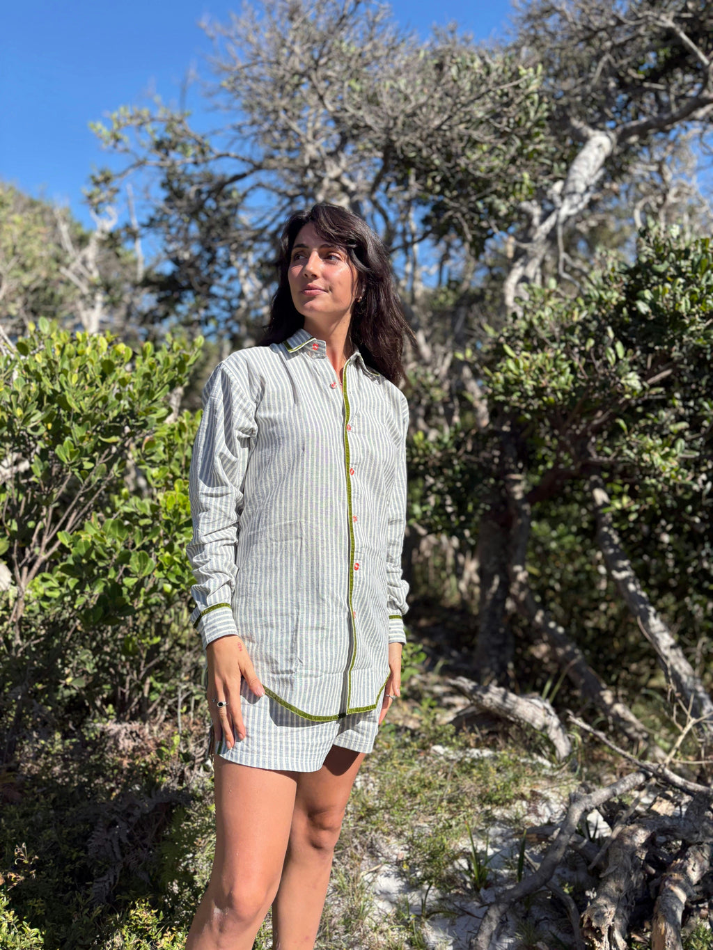 PJ Shirt in Green Velvet Stripe