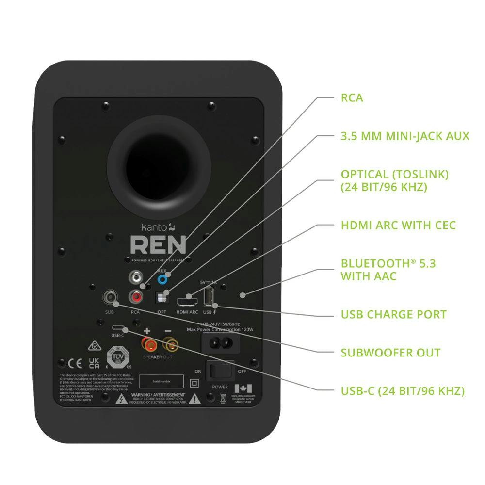 Kanto REN 200W Powered Bookshelf Speakers with HDMI ARC, USB-C, and Bluetooth 5.3 - Matte Black, Pair