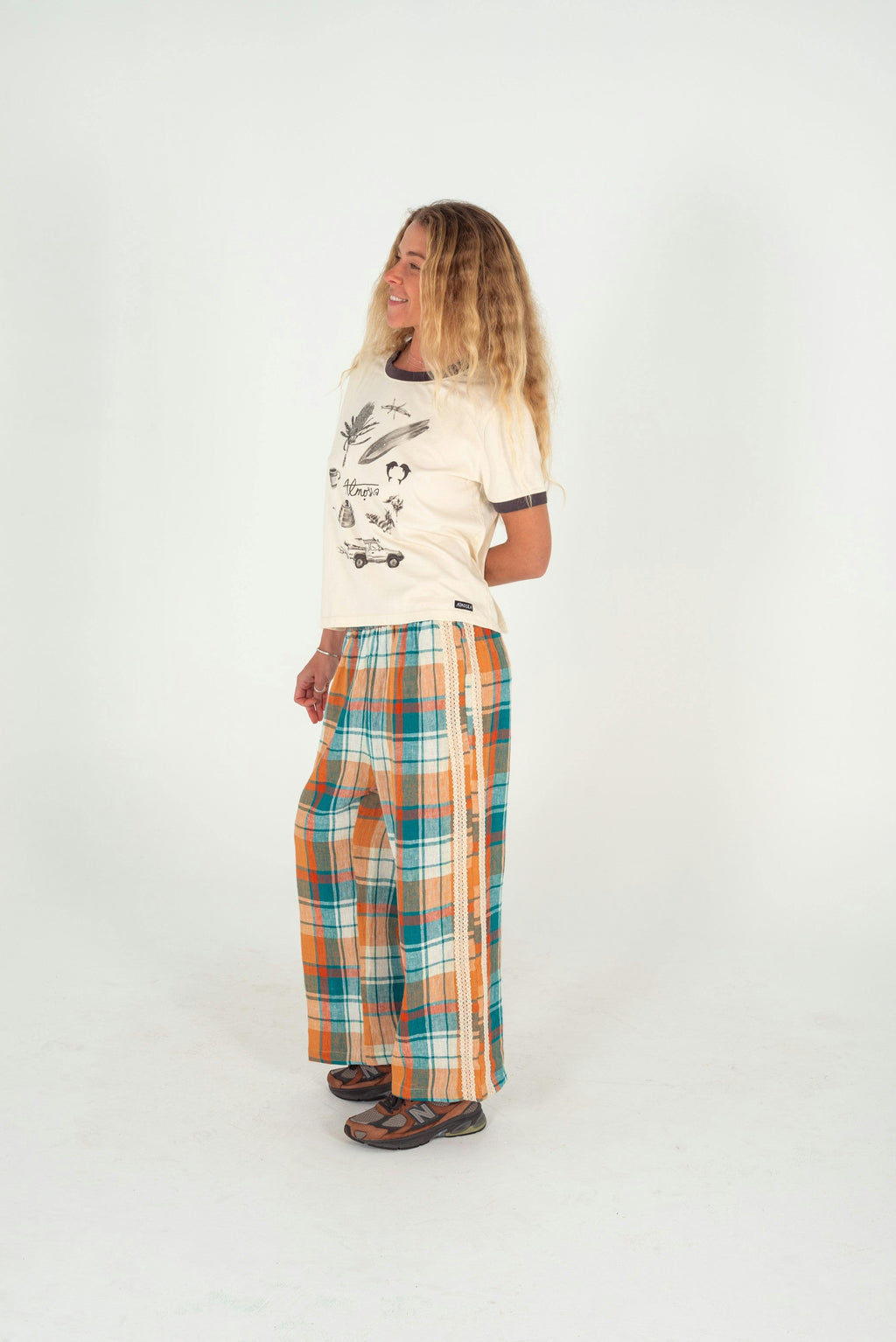 Rozzie Elastic Waist Pant in Citrus/ Teal Check
