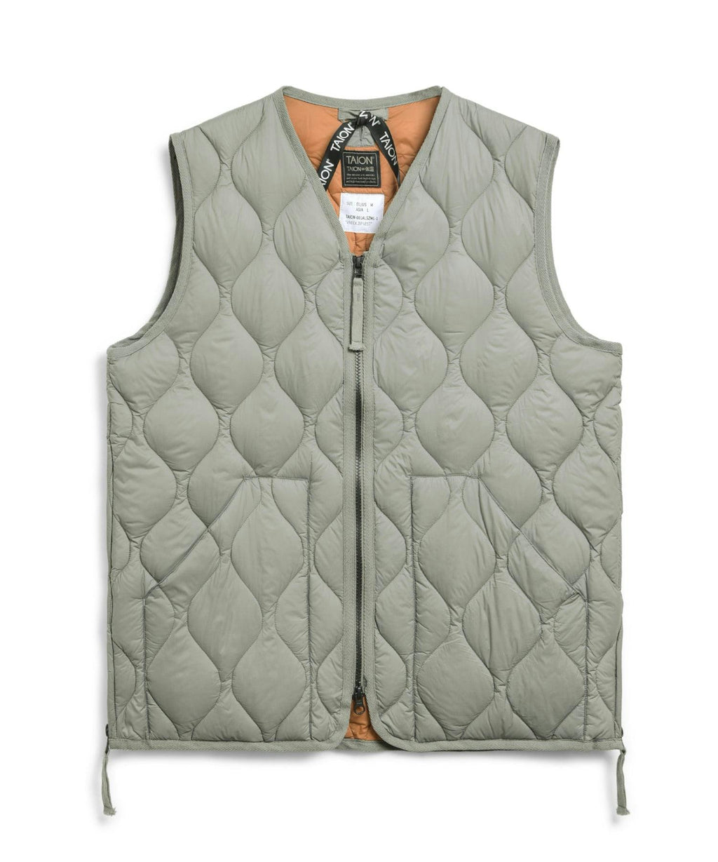 TAION Soft Shell Military Zip V-Neck Down Vest in Dark Sage Green