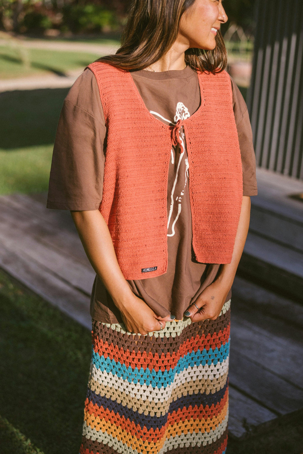 Crochet Tie Vest in Rust