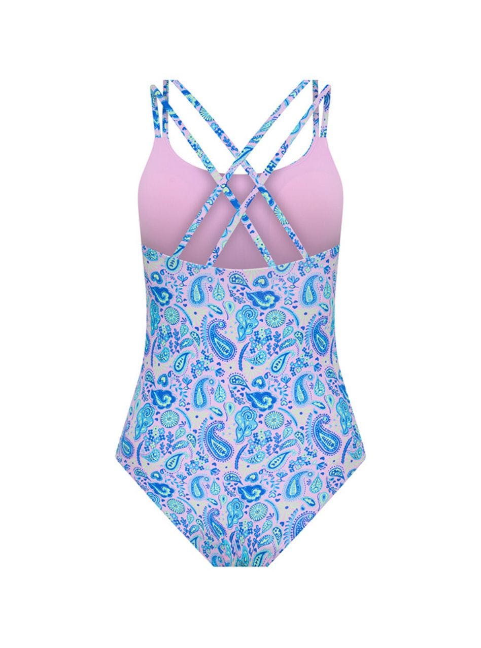 Teen Period Swimwear Cross Back One Piece Super Absorbency Paisley Pink