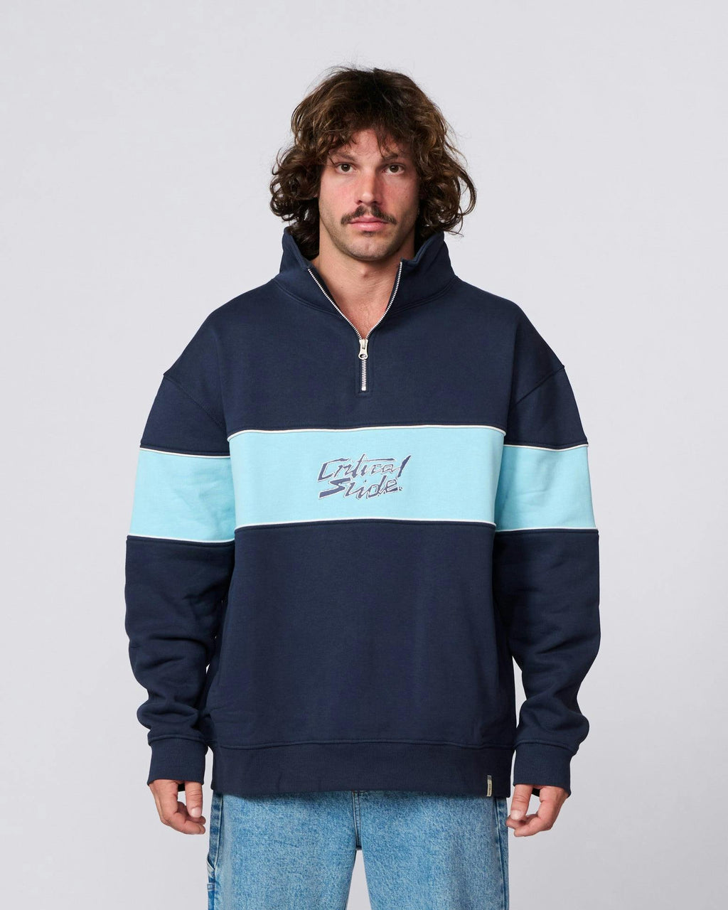 Buzzed Panel 1/4 Zip Crew - Blue