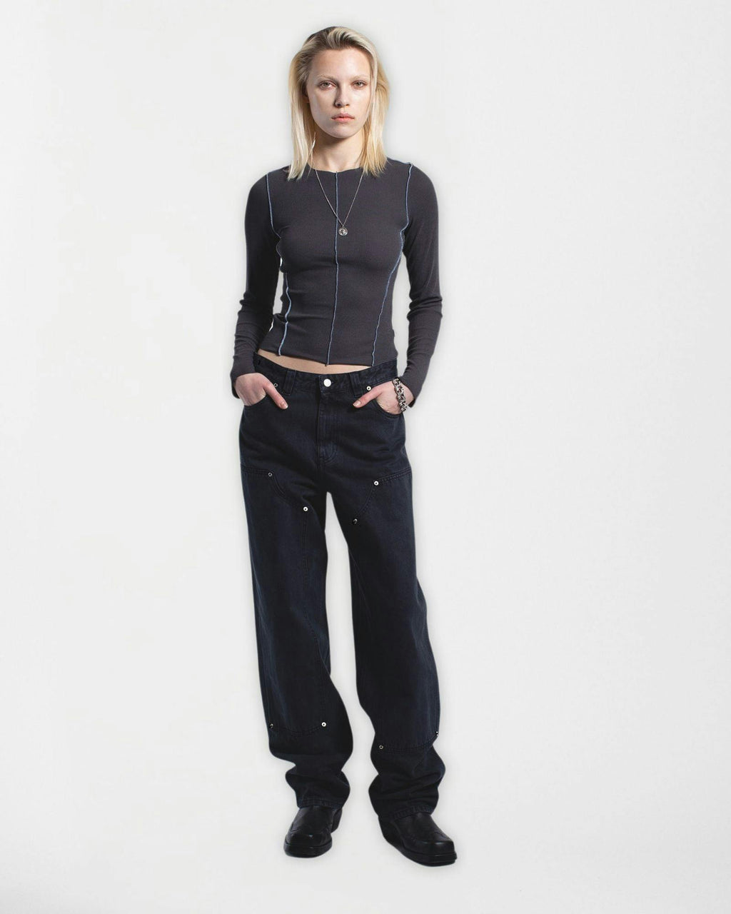 Nicola Long Sleeve Rib Top – Asphalt Contrast